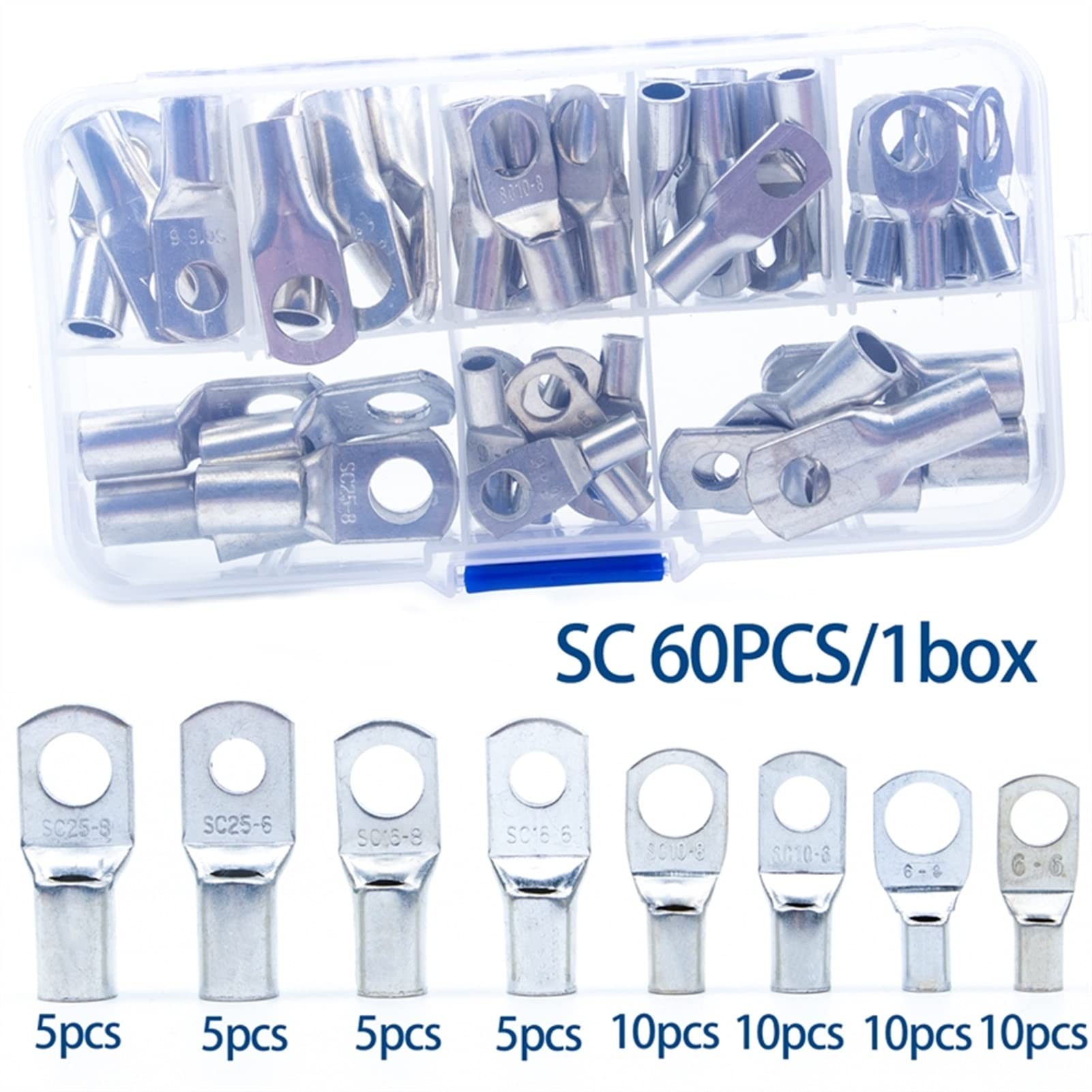 Bornes à Anneau Lot de 60 cosses de câble en cuivre étamé AWG 4-10, 1 boîte, sertissage, connecteur de câble de soudage(SC 60pcs-Box)