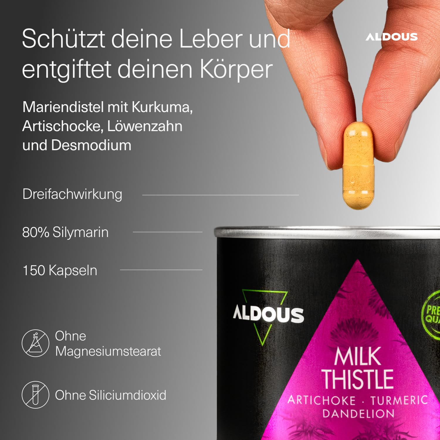 Mariendistel Kapseln mit Kurkuma, Artischocke, Löwenzahn und Desmodium - 150 Kapseln Detox - Maximale Entschlackende Dosis mit 80% Silymarin - Leberentgiftung, Bessere Verdauung - ALDOUS