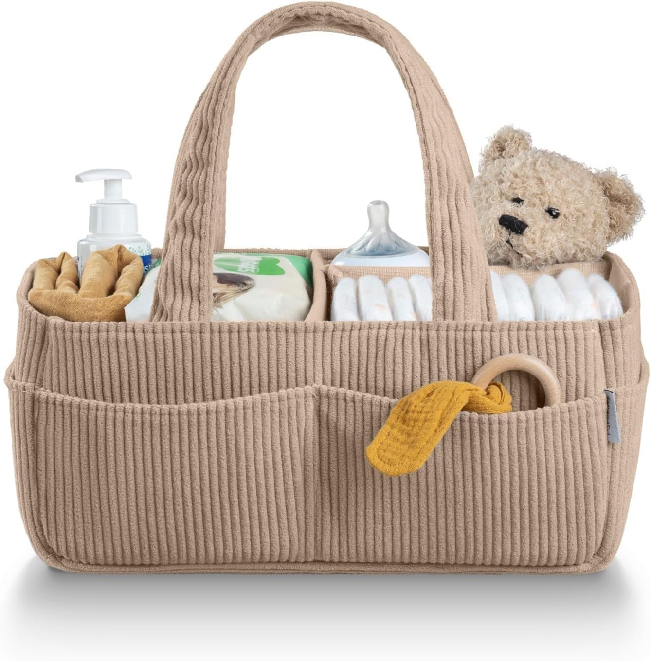 Peldris Baby Nappy Caddy Organiser, Portable Corduroy Nursery Storage Basket with Handle, Detachable Compartments & 6 Side Pockets, Newborn Essentials Diaper Caddy, Baby Shower Gifts (Milk Coffee)