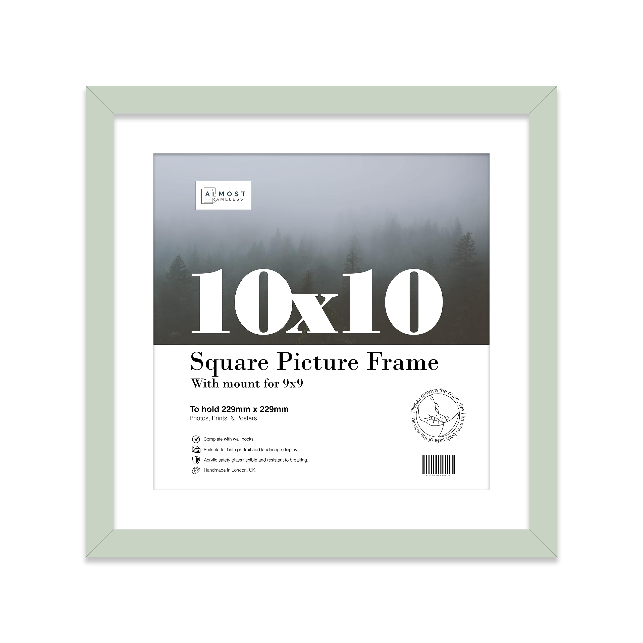 Almost Frameless 10x10 Picture Frame, Display Pictures 9x9 With Mat or 10x10 Without Mat, Wall Hanging & Free Standing Photo Frame, Mint, 1 Pack