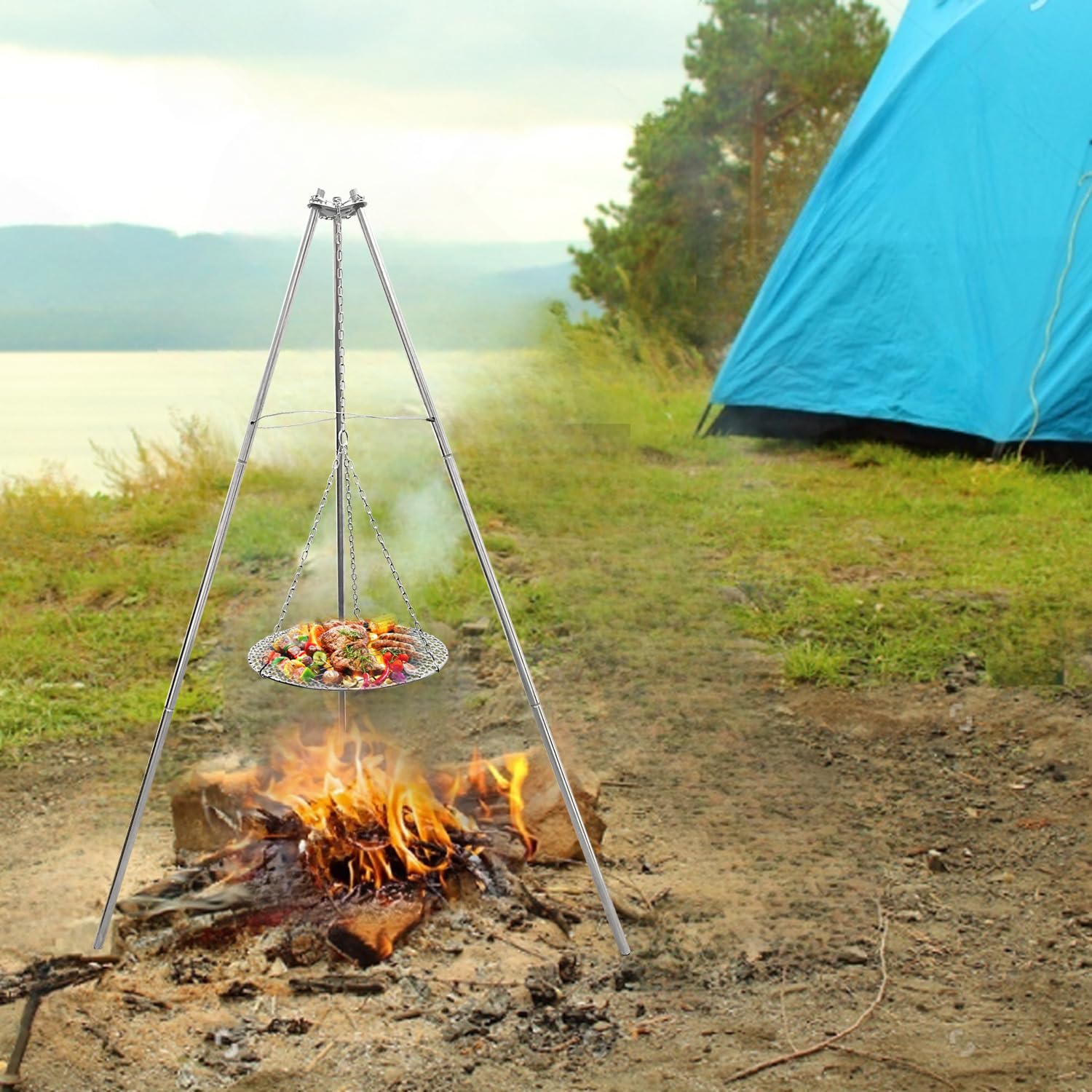 YBTMG Trípode de fuego de campamento para cocinar, parrilla de fuego de acero inoxidable con cadena ajustable para camping, senderismo, barbacoa