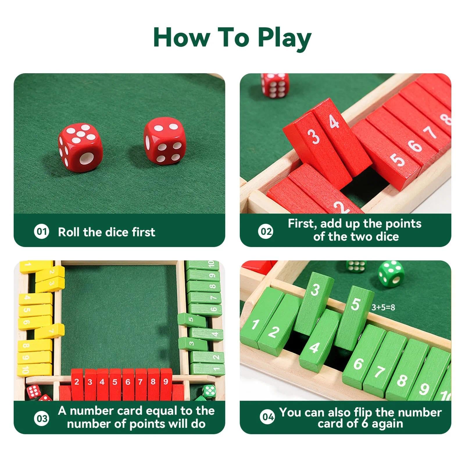 Shut the Box Gra drewniana dla 4 graczy, gra w kostkę 8 kostek, Shut the Box, 4 graczy, gra w kości dla dorosłych i dzieci, rodzinna gra matematyczna do złożenia