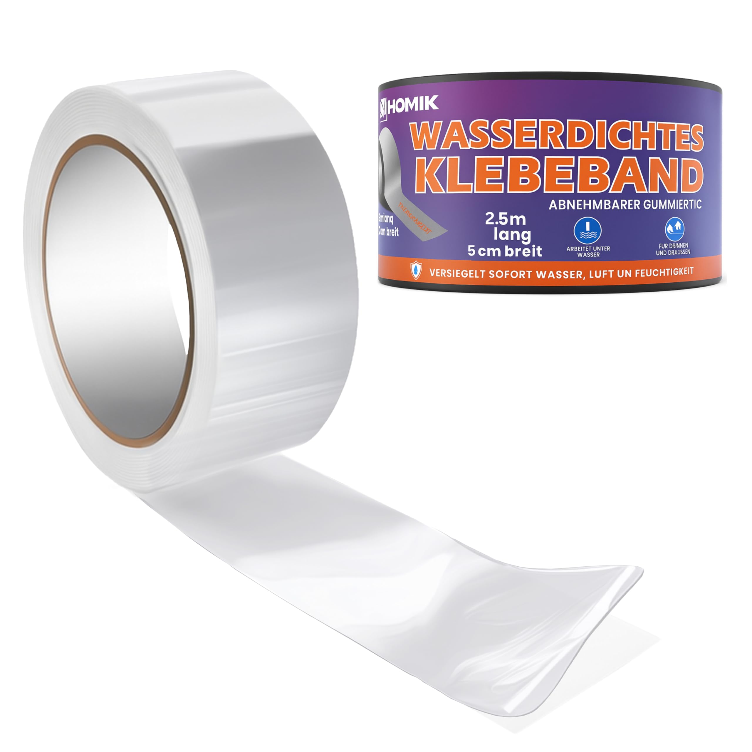 HOMIK 2x 5cm x 2.5m Extrem Starkes Transparent Wasserdichtes Klebeband Außen & Innen | Dichtungsband Wasserdicht | UV Beständig | Duct Tape | Selbstverschweißendes Klebeband