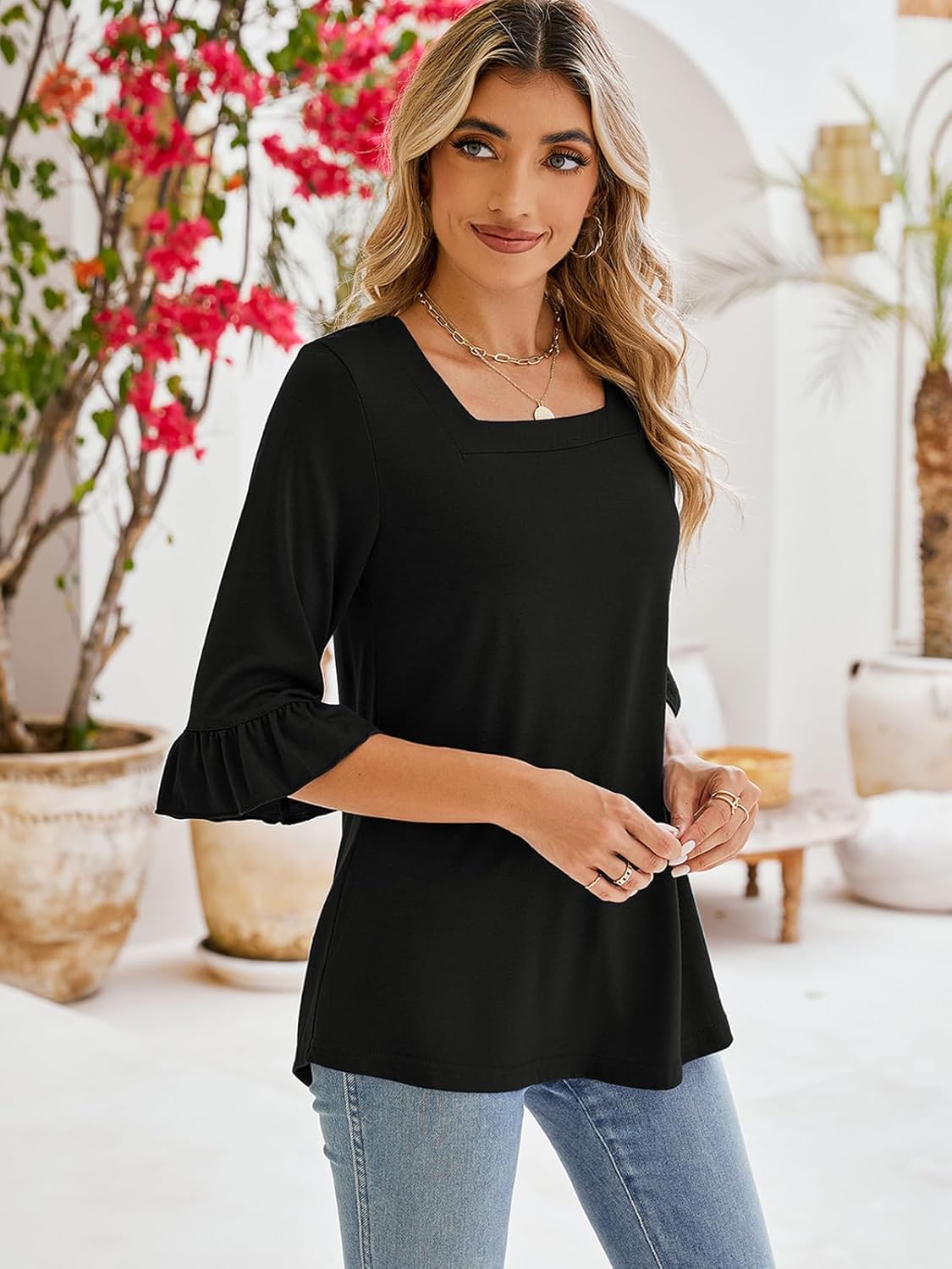 Poetsky Womens Casual 3/4 Sleeve Tops Summer Square Neck T Shirts Ruffle Loose Fit Tunic Blouses S-3XL - Image 4