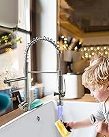 Vista 7 de Fapully - Grifo de fregadero de cocina comercial con mango único extraíble con rociador, níquel cepillado, con luz LED