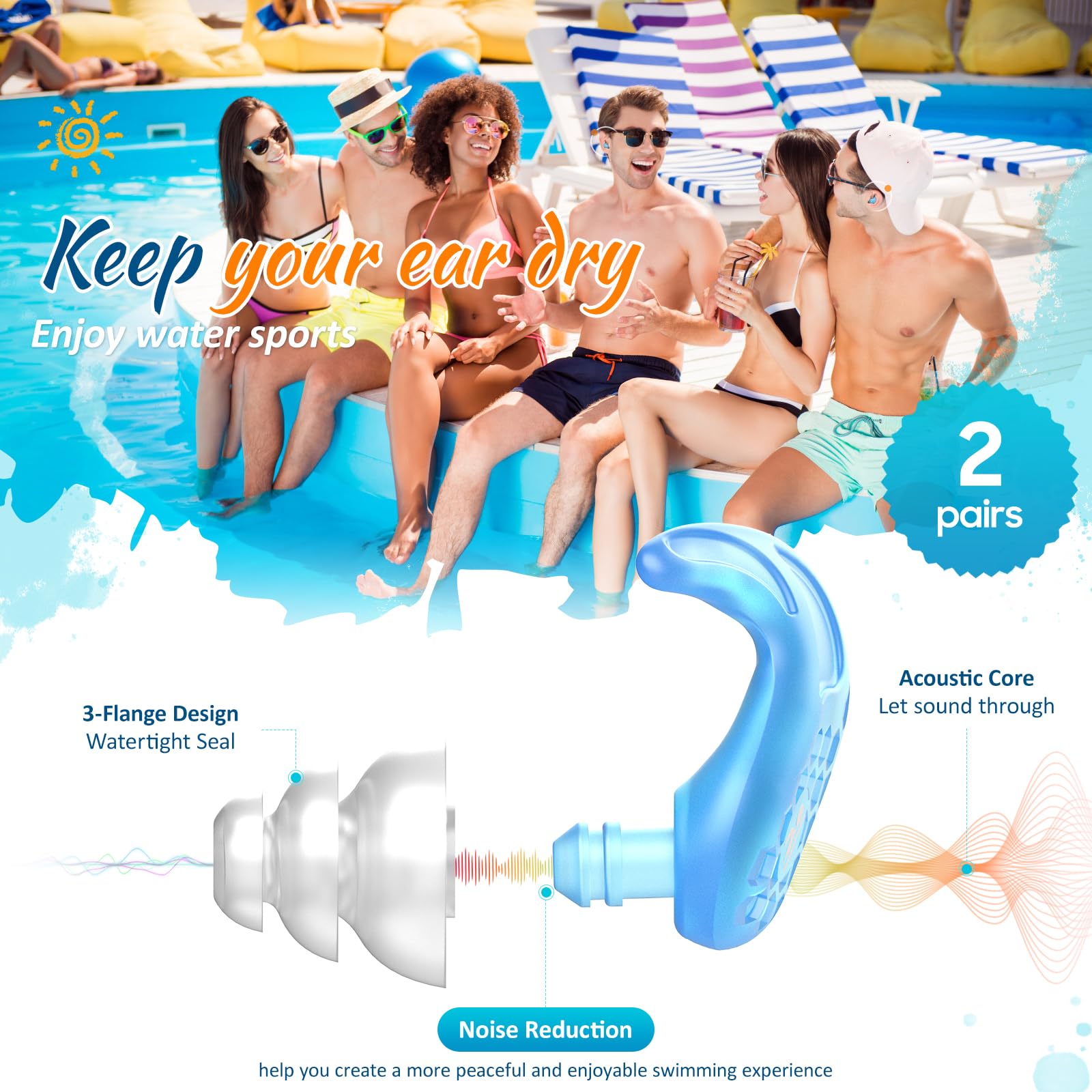 Swim Ear Plugs, 2 Pairs Swimmers Earplugs for Adults Kids 6+, Block Water Out, Ultra Soft, Water Protection Reusable Silicone Ear Plugs for Swimming Surfing Diving Showering Kayaking Canoeing