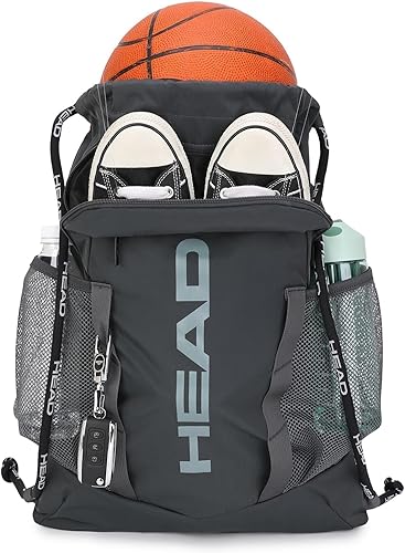 HEAD Mochila de gimnasio impermeable para deporte con 2 bolsillos con cremallera, mochilas grandes con cordón para hombres con bolsillos laterales