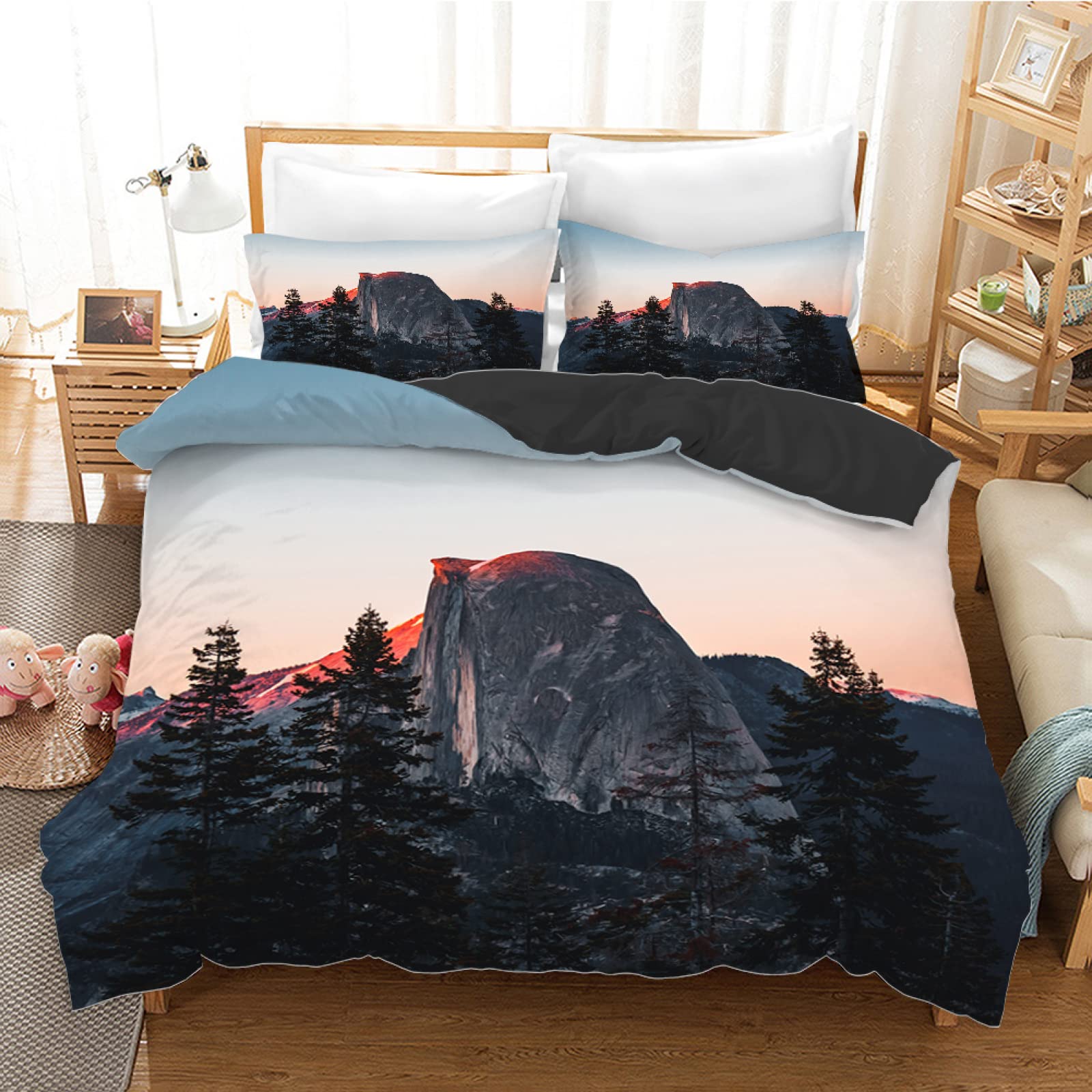 Housse de couette 140x200 fermeture éclair parure lit microfibre 110g/㎡ grise style montagne