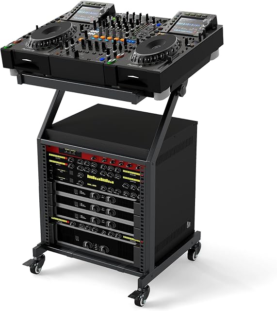 Goplus 9U DJ Mixer Stand, Adjustable Rack Mount Rolling Stage Cart with Lockable Wheels, Professional Studio Equipment Case Stand for Home, Office, Music Show, Performance Stages