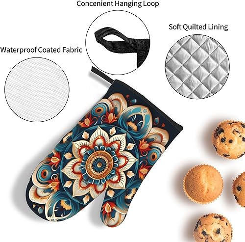 Miniatura 4 de Juego de manoplas de horno y soportes para ollas con mandala étnico bohemio, resistentes al calor, guantes de cocina y agarraderas para cocinar,