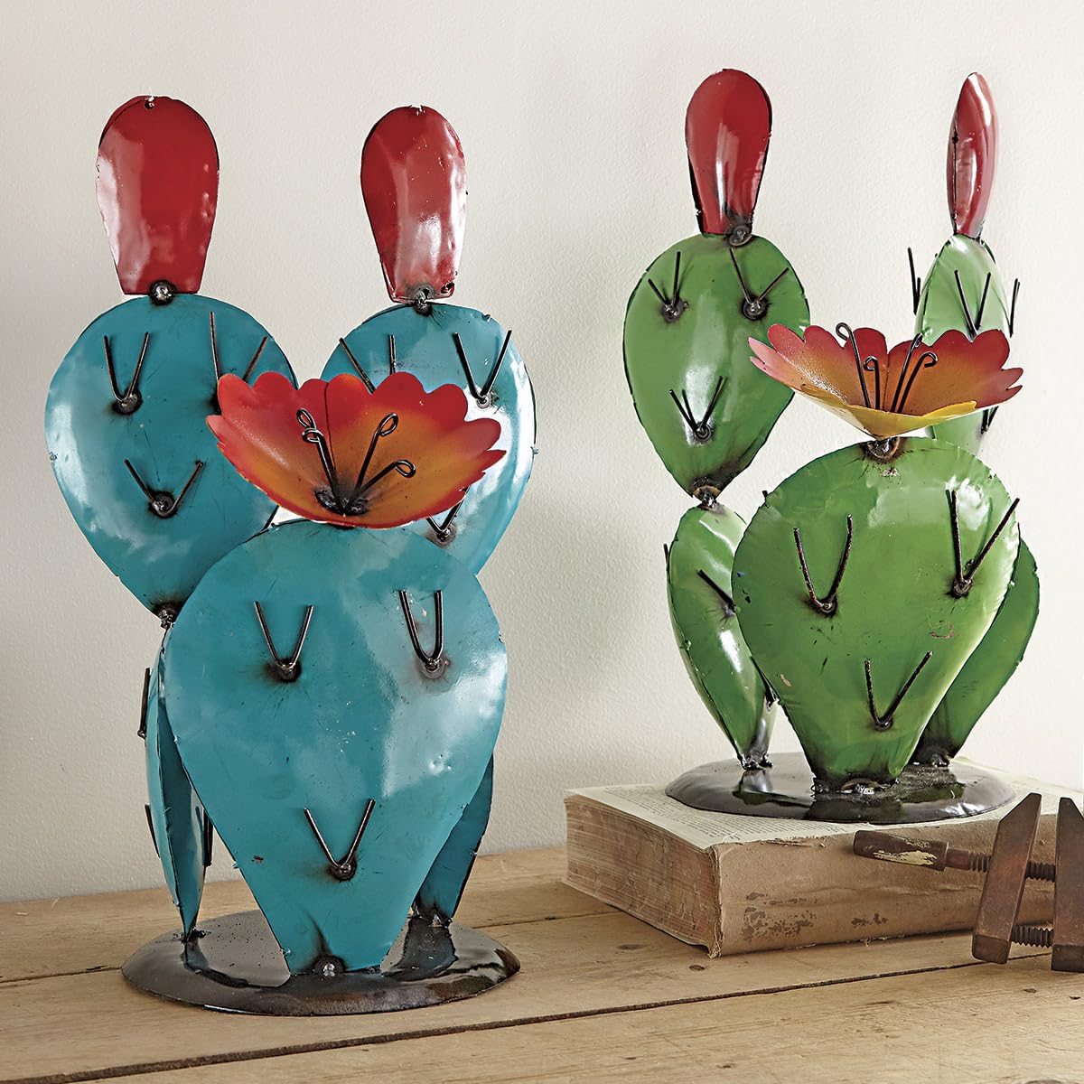 BLACK FOREST DECOR Prickly Bloom Cactus Metal Sculpture – 17”H Recycled Green Metal Garden Art – Outdoor Safe, Handmade in USA