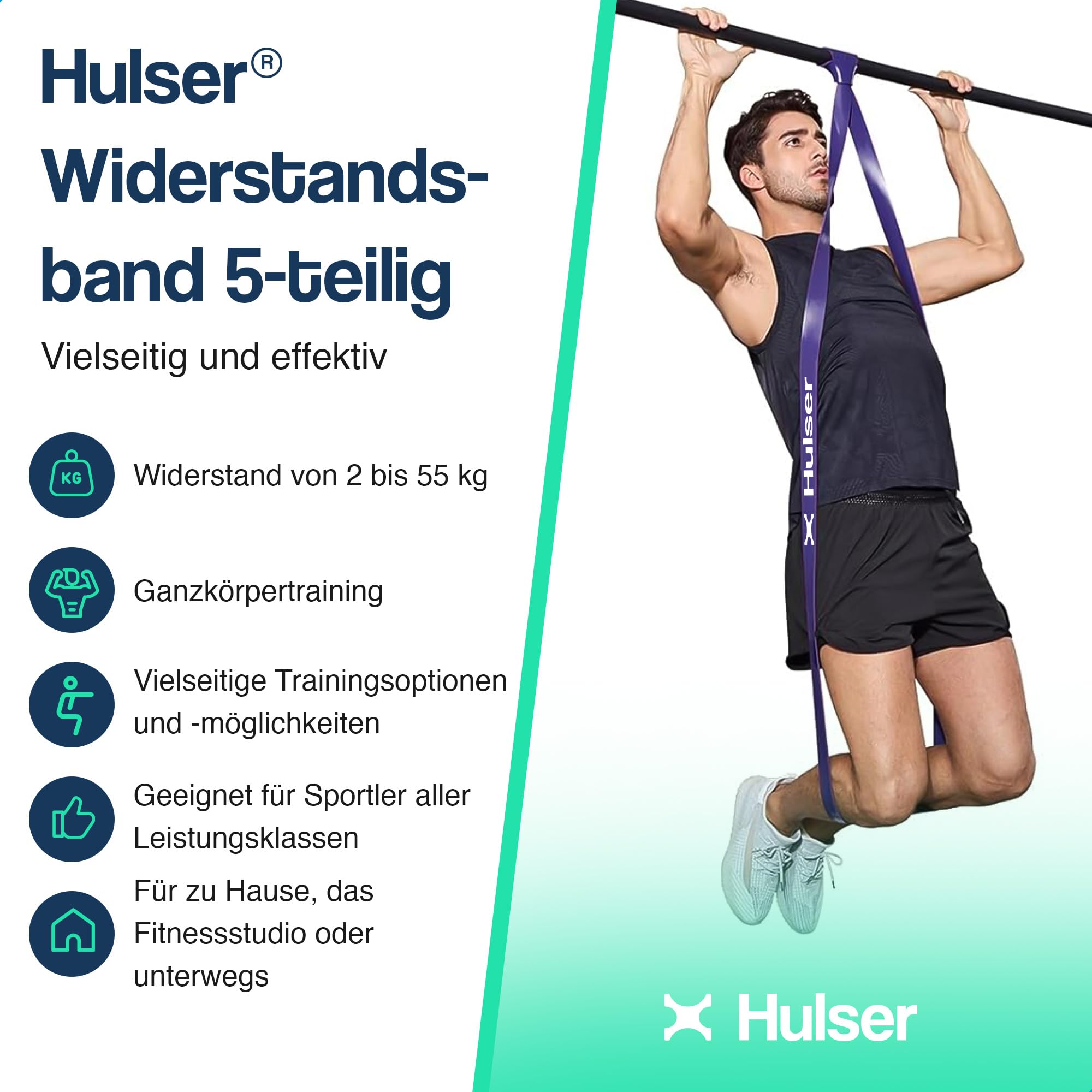 Hulser Widerstandsband Set 6-teilig mit Türanker - 2 bis 55 kg - 104/208 cm - Für Pull Up, Krafttraining, Stretching, Crossfit, Calisthenics - Fitness Resistance Bands aus Natur-Latex