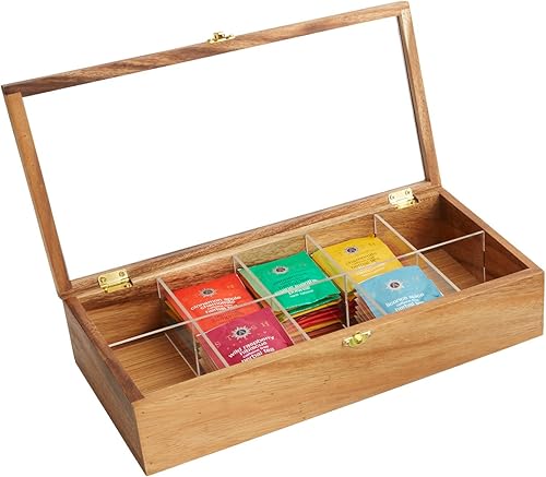 Woodard & Charles Caja de té con compartimento de madera de acacia con ventana, almacenamiento y organizador (caja de té de 10 compartimentos) disponible en Yaxa Colombia