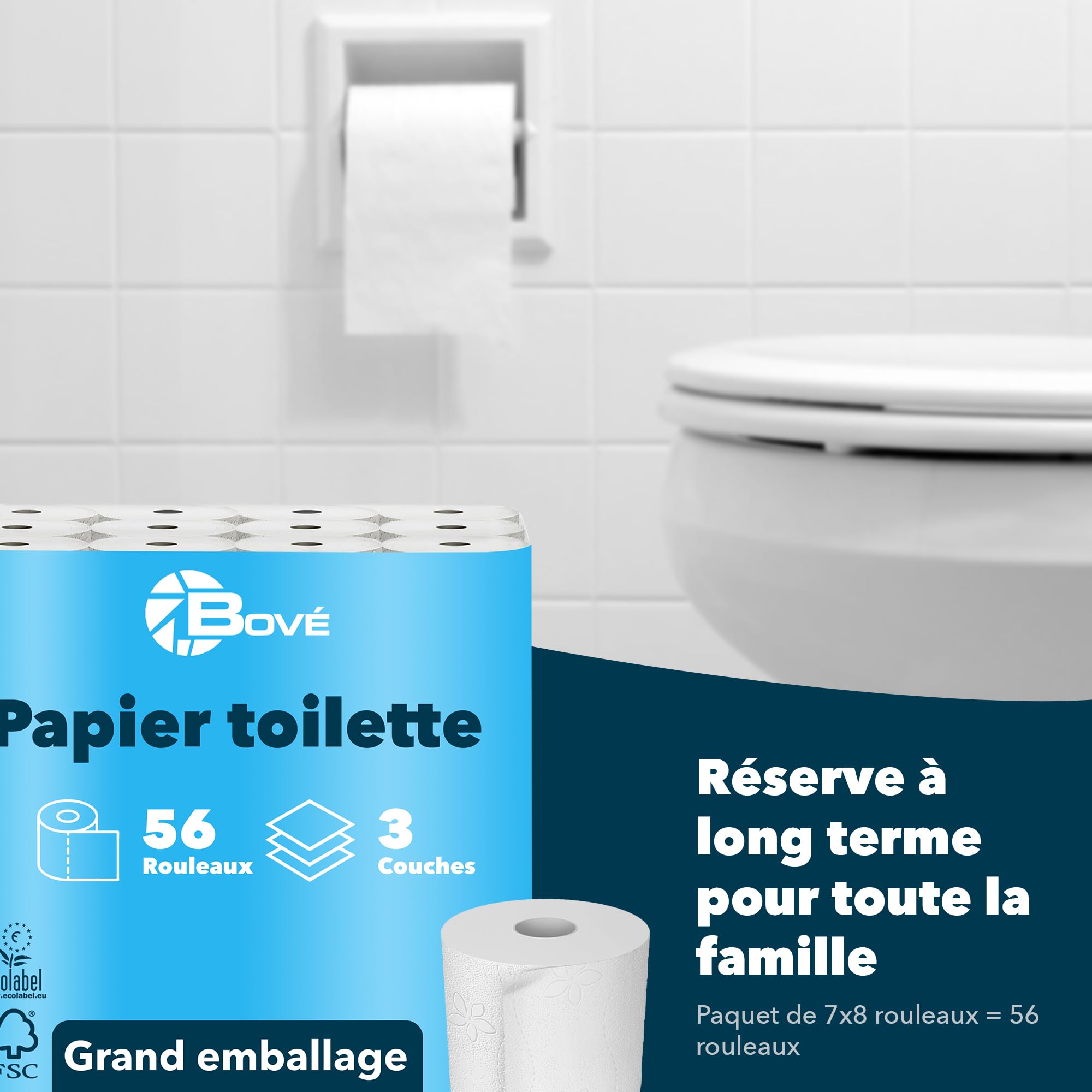 BOVE Lot de 56 rouleaux de papier toilette 3 couches - 250 feuilles par rouleau - Extra doux, solide et absorbant - Certifié FSC et écologique de l'UE - Excellent rapport qualité-prix