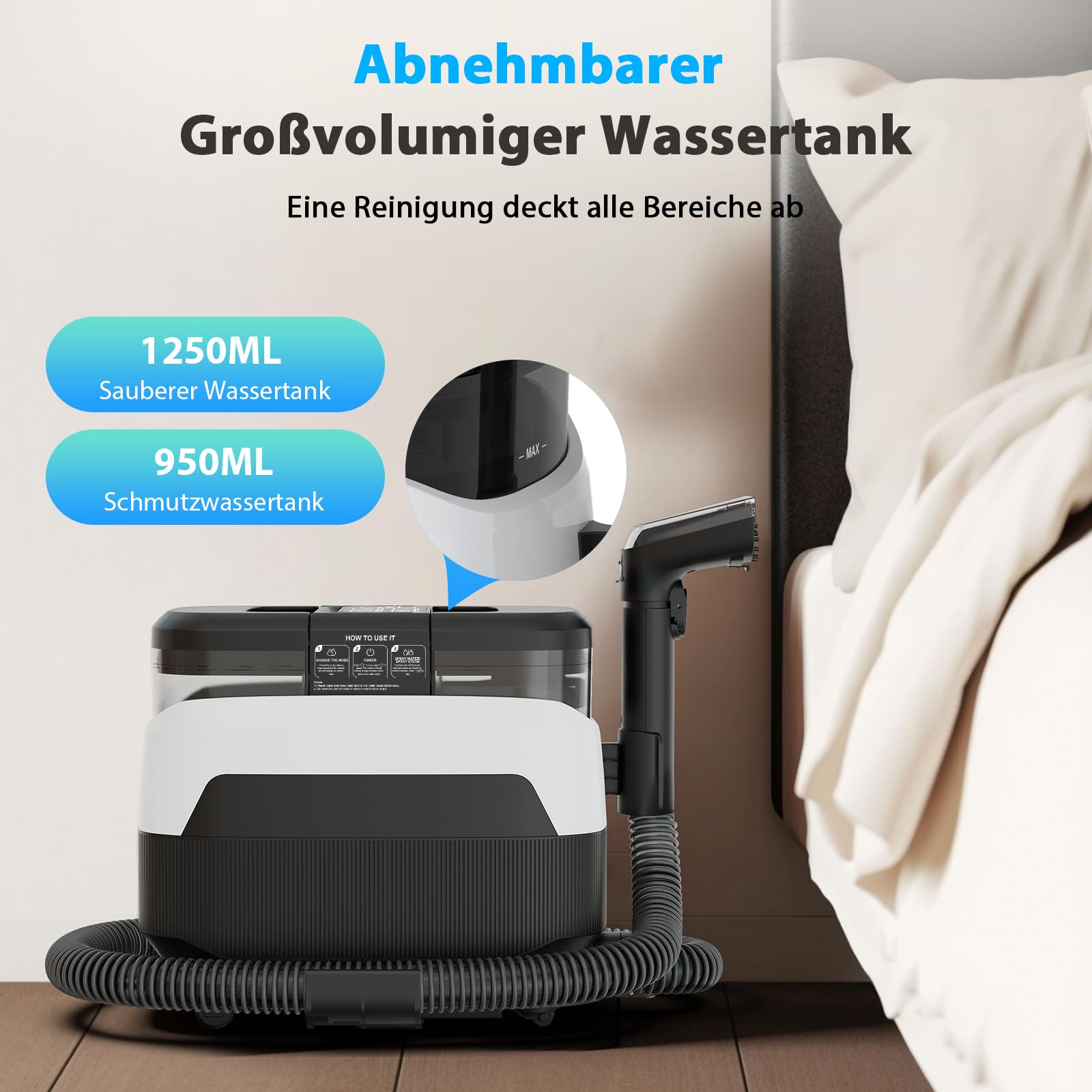 Dampfreiniger 1650W Polsterreiniger Gerät Nasssauger Waschsauger mit Starker Saugkraft, 1250ML Wassertank, Hochtemperaturdampf Teppichreiniger für Teppich, Sofa, Vorhänge, Polster, Autositz