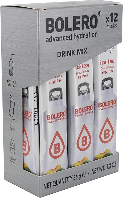 Bolero ICE TEA PEACH | 12x3g I Erfrischendes Zuckerfreies Getränkepulver mit Stevia gesüßt | Vitamin C | gesundes Getränk, das von Diabetikern empfohlen wird | Pfirsich Eistee Geschmack
