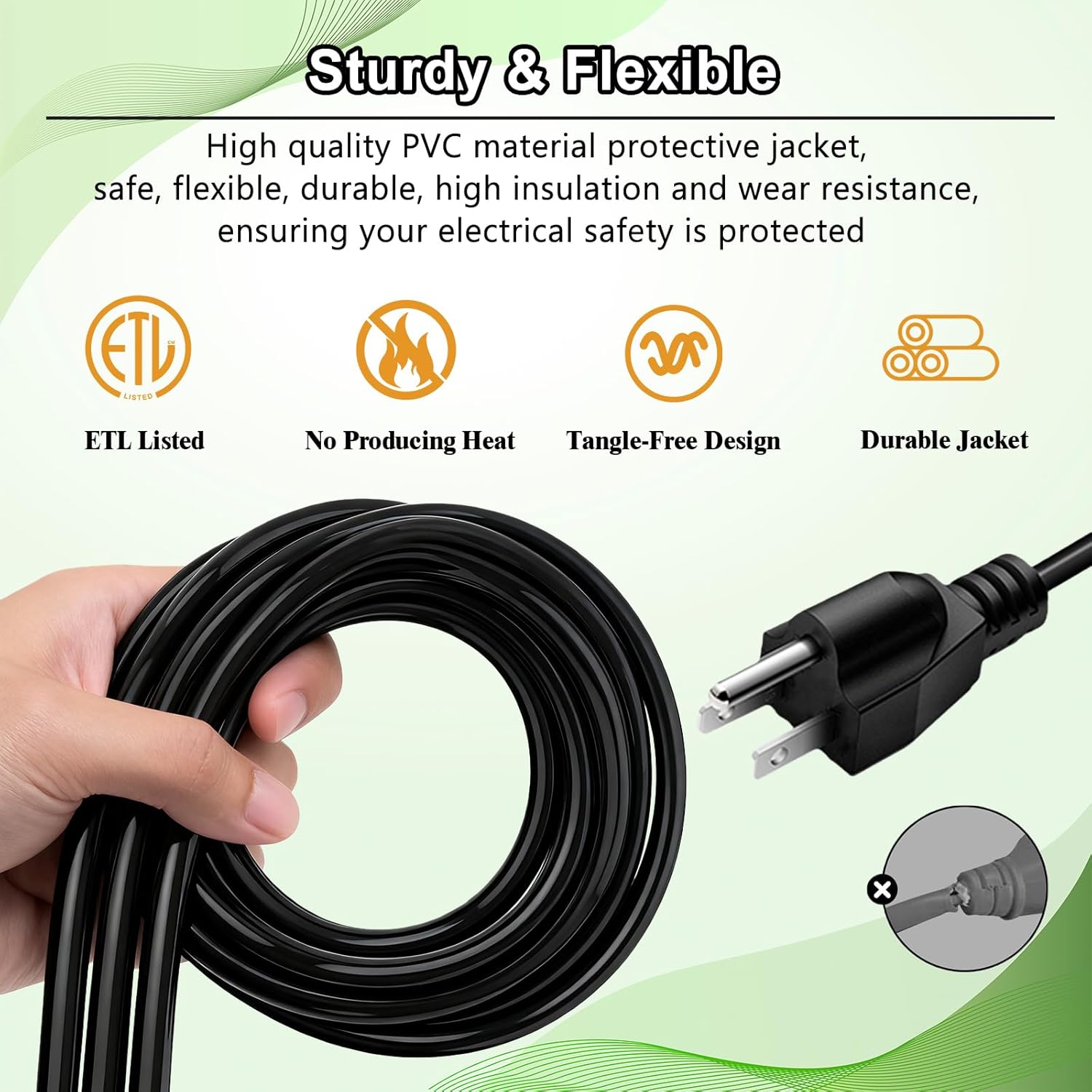 10FT 3 Prong Power Cord Replacement Plug 18 AWG Extension Cord Tool Power Supply Cord Cable 110V 115V 120V 300V AC Pigtail Electrical Cords for Lamps TV Dishwasher, NEMA 5-15P Plug US SJT, 2 Pack