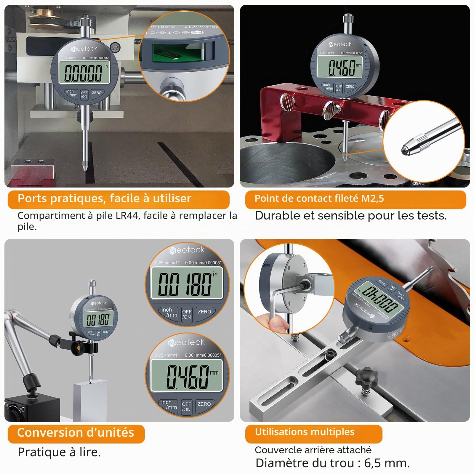 Neoteck 25.4mm/0.001mm Comparateur Numérique - Jauge de Précision Digitale à Affichage LCD Haute Résolution 0.00005" Conversion mm/pouce Zéro Instantané Outil de Mesure Électronique pour Atelier, Usin