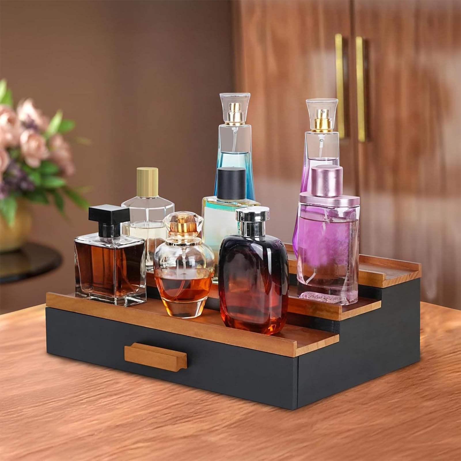 Drewniany organizer na perfumy – 3-poziomowy regał wystawowy z szufladą | regał łazienkowy do pielęgnacji brody, zegarków, okularów przeciwsłonecznych, butelek z wodą kolońską, akcesoriów do makijażu