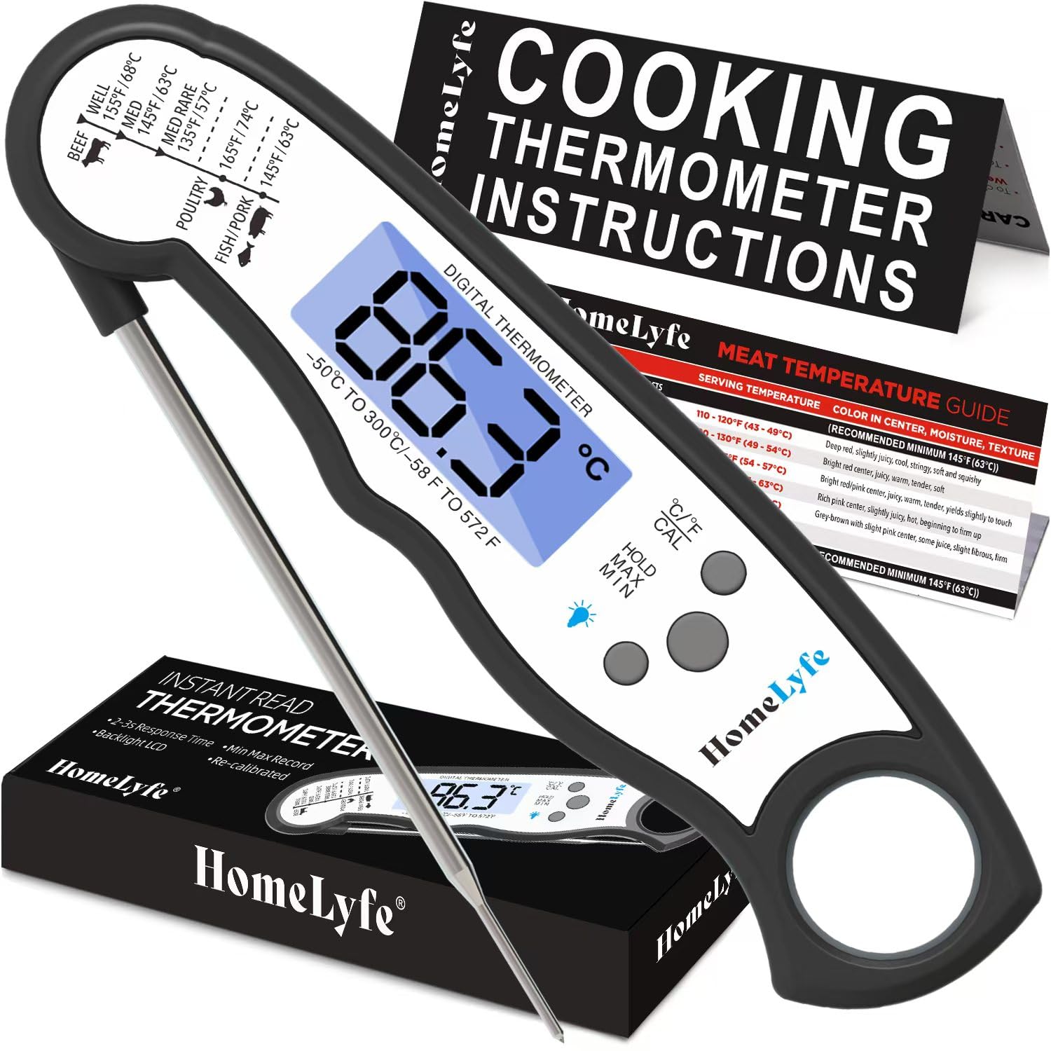 HomeLyfe Digital Meat Thermometer – Instant Read Food Thermometer with ±1°C Accuracy, 2s Response, Foldable Probe, IP67 Waterproof, Backlight, Magnet – for Cooking, BBQ, Oven, Grill, Air Fryer (Black)