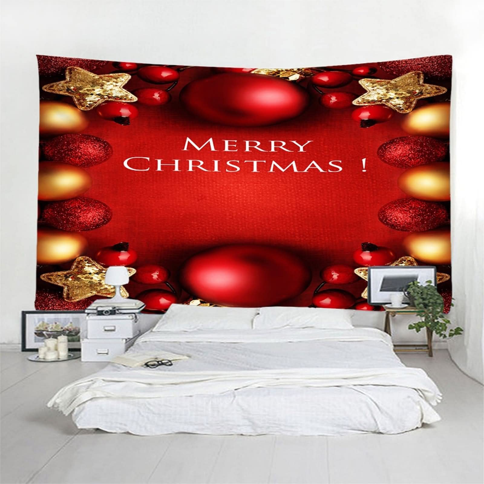 Tapices Tematicos, Tapices de Pared Bolas y Estrellas Navideñas Merry Christmas Rojo Amarillo Poliéster 350X256cm