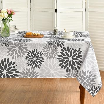 Horaldaily Black Grey Dahlia Table Cloth 6084 Inch Rectangular, Modern Geometry Flower Decor Table Covers for Kitchen Dining, Washable Seasonal Tablecloth for Party Picnic Dinner Decor