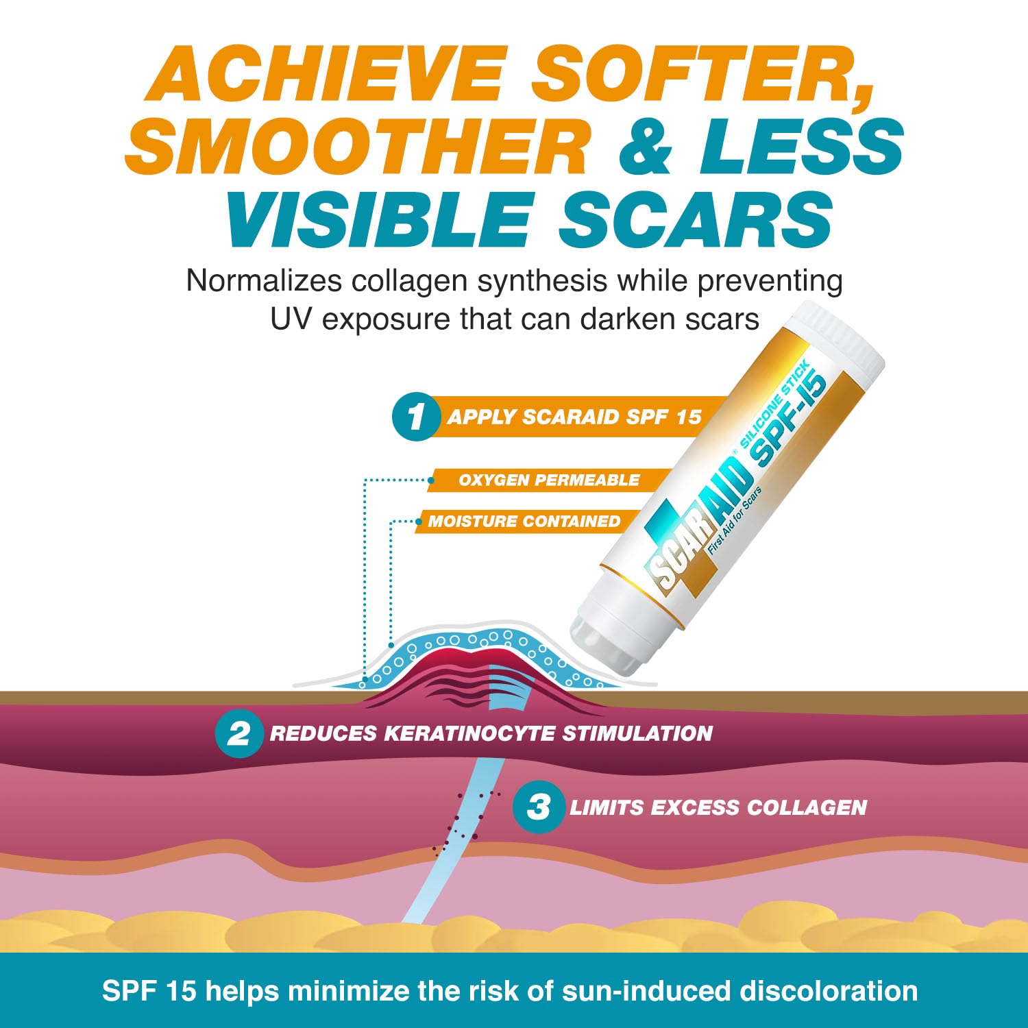 ScarAid SPF-15 Silicone Scar Gel Stick 17g – Mess-Free Scar Treatment with Sun Protection - Helps Improve the Look of Old & New Surgery, Injury & Acne Scars – Non-Toxic & Gentle on All Skin Types