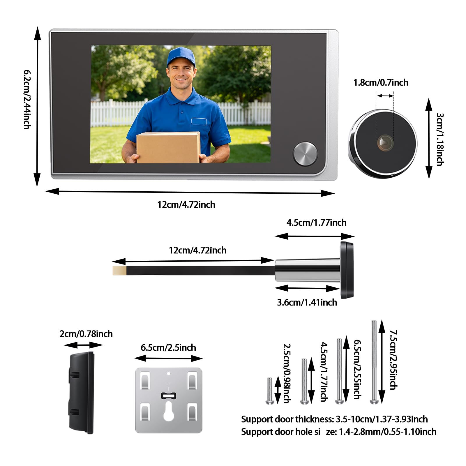 Türspion Kamera, 3.5" LCD, 120°, Zinklegierung, 4xAAA | 2MP,720P,170° Weitwinkel,verdeckt,Einlochmontage,13-28mm Bohrung,35-100mm Tür,PIR,Bewegungsmelder,ABS,0.5W,12cm,0.18kg