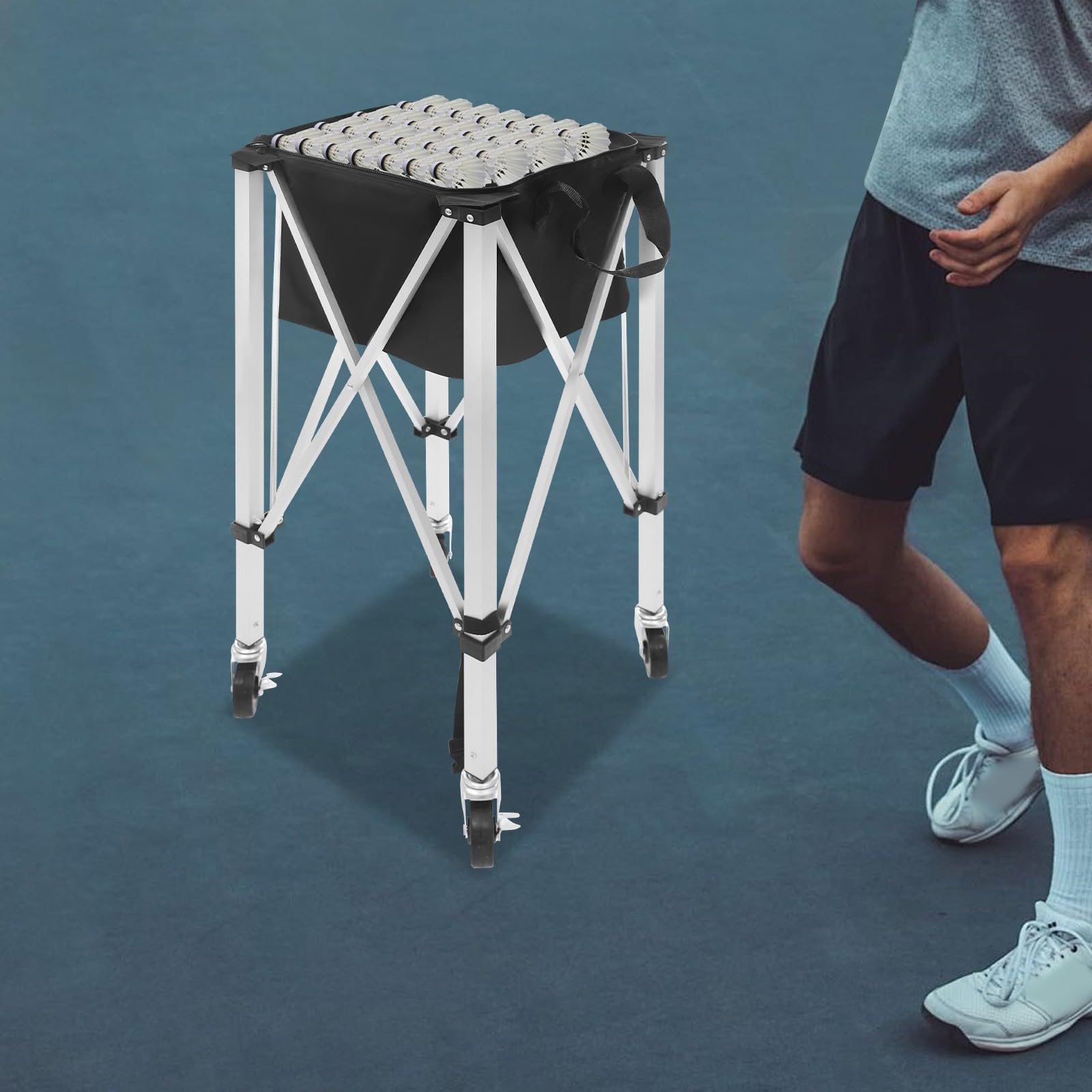 Panier à balles de tennis pliable avec roues pour balles de 150 à 170 balles en aluminium Oxford pour courts de tennis, écoles, parcs à la maison, avec poignée de transport pratique