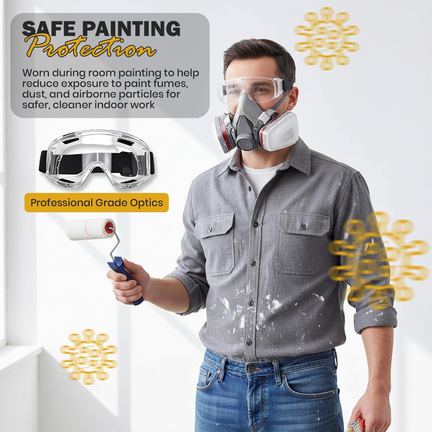 Respirator Mask for Spray Painting, Woodworking, Welding, Dust, and General Safety with Clear Eye Goggles, 10 Replacement Filters, Half Face Cover with Safety Glasses