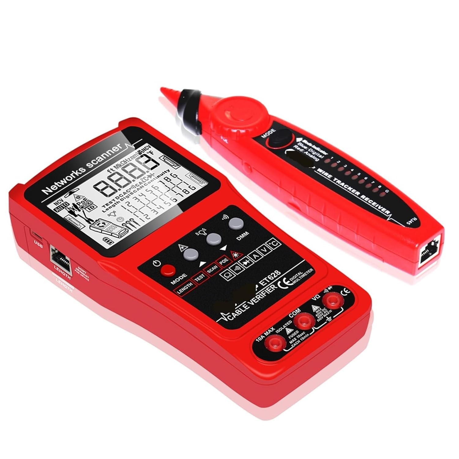 600M Length Measurement LAN Network Tester POE Test Noise-Free Cable tracing Multimeter Visual Fault Locator 3 in 1(ET628)