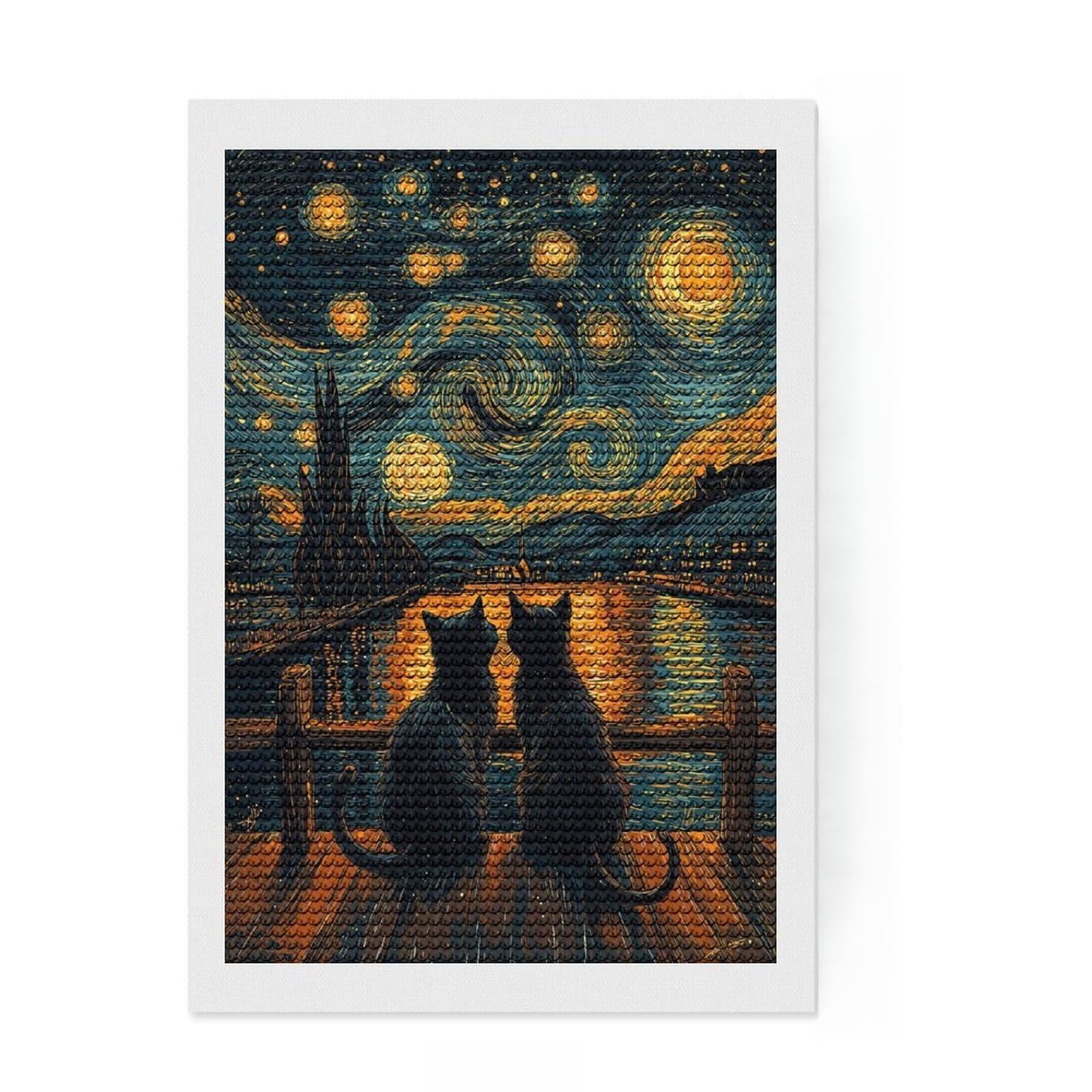 Junmoney Starry Night Cats Diamond Art Kit 8"x12", Calming Craft to Unwind, with Tool Kit, Living Room Decor, Festive Craft Gift