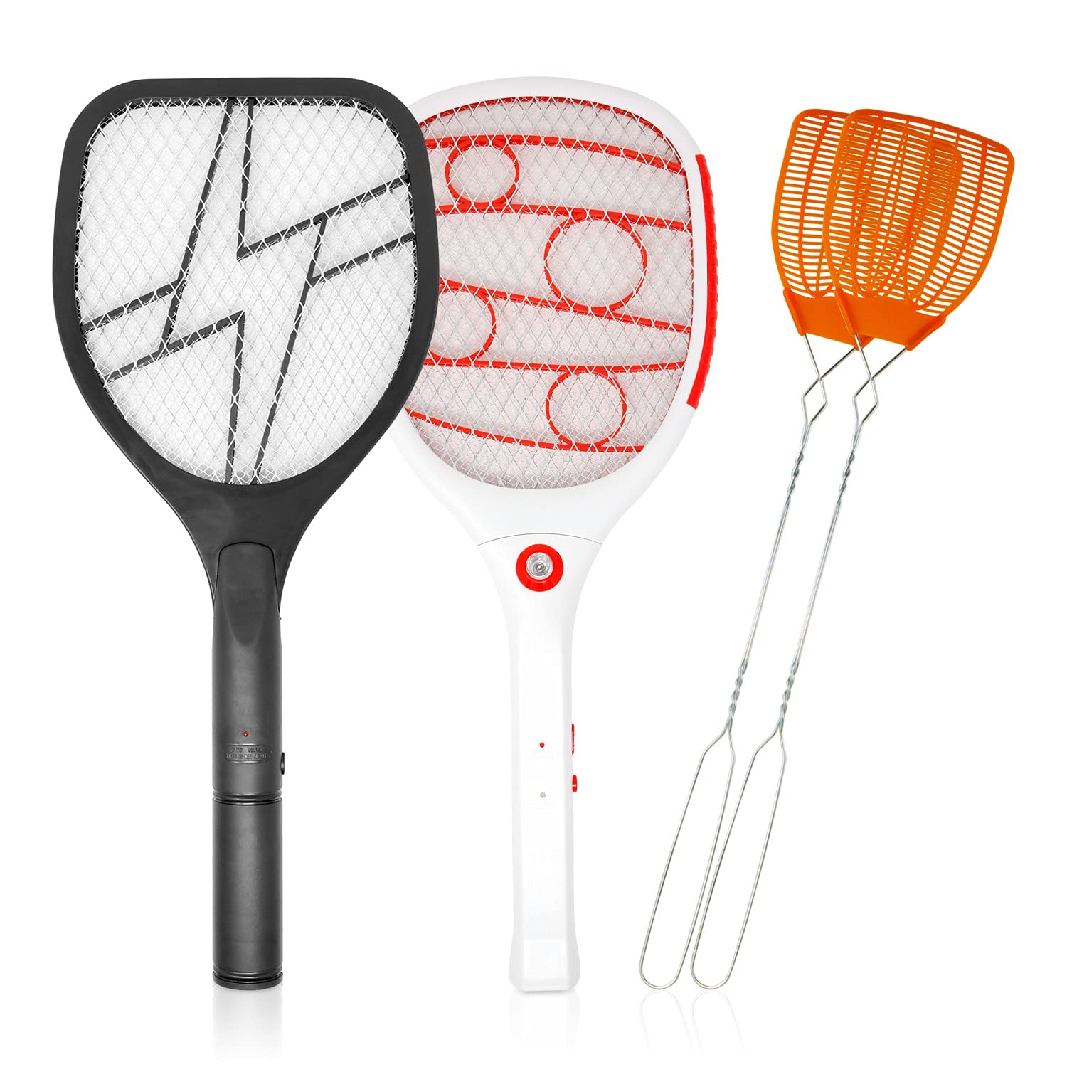 Bug Zapper Bundle; USB Rechargeable Electric Bug Zapper [3300V, LED Light, Red] 2AA Battery Powered Mosquito Killer Racket [3300V] & 2X Manual Fly Swatters for Fly's, Bees, Mosquitoes & More
