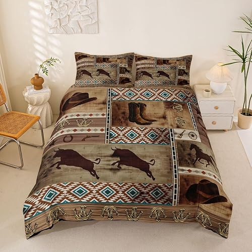 Erosebridal Juego de ropa de cama de vaquero occidental, funda de edredón para niños y hombres, funda de edredón azteca bohemia rústica de