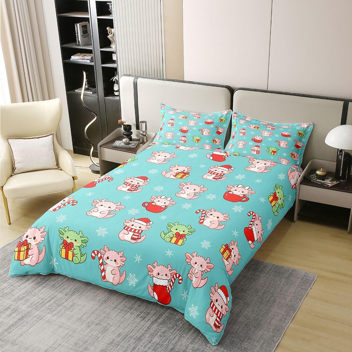 Erosebridal Cute Axolotl Christmas King 100% Cotton Duvet Cover for Kids