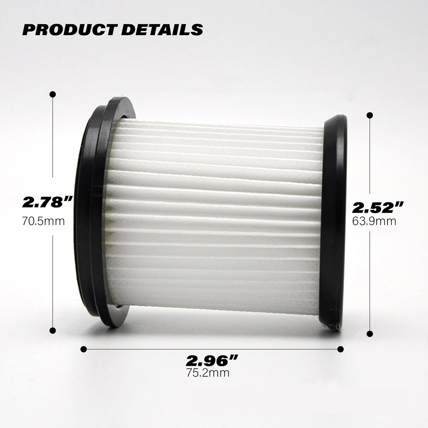 Diagram showing the dimensions of the Piegricdiat vacuum filter: 2.78 inches (70.5mm) diameter, 2.52 inches (63.9mm) height, and 2.96 inches (75.2mm) overall length.