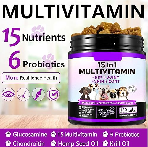 Miniatura 3 de Suplementos multivitamínicos para perros 15 en 1 con glucosamina y probióticos, vitaminas naturales diarias masticables para perros, apoyo a la