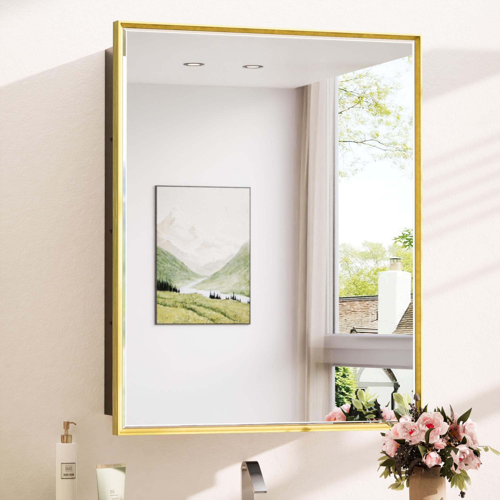 TokeShimi 24x30 Recessed Medicine Cabinet with Mirror Wall Mounted, Metal Beveled Mirror with Storage for Bathroom Vanity, Aluminum Alloy Medicine Cabinet Mirrored Gold