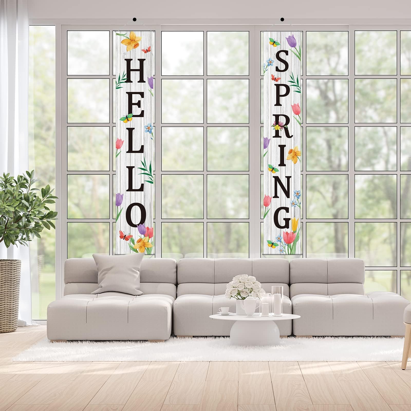 Hello Spring Türabdeckung – Buntes Blumen-Banner Mit Schmetterlingen Für Die Haustür (185x90 Cm)