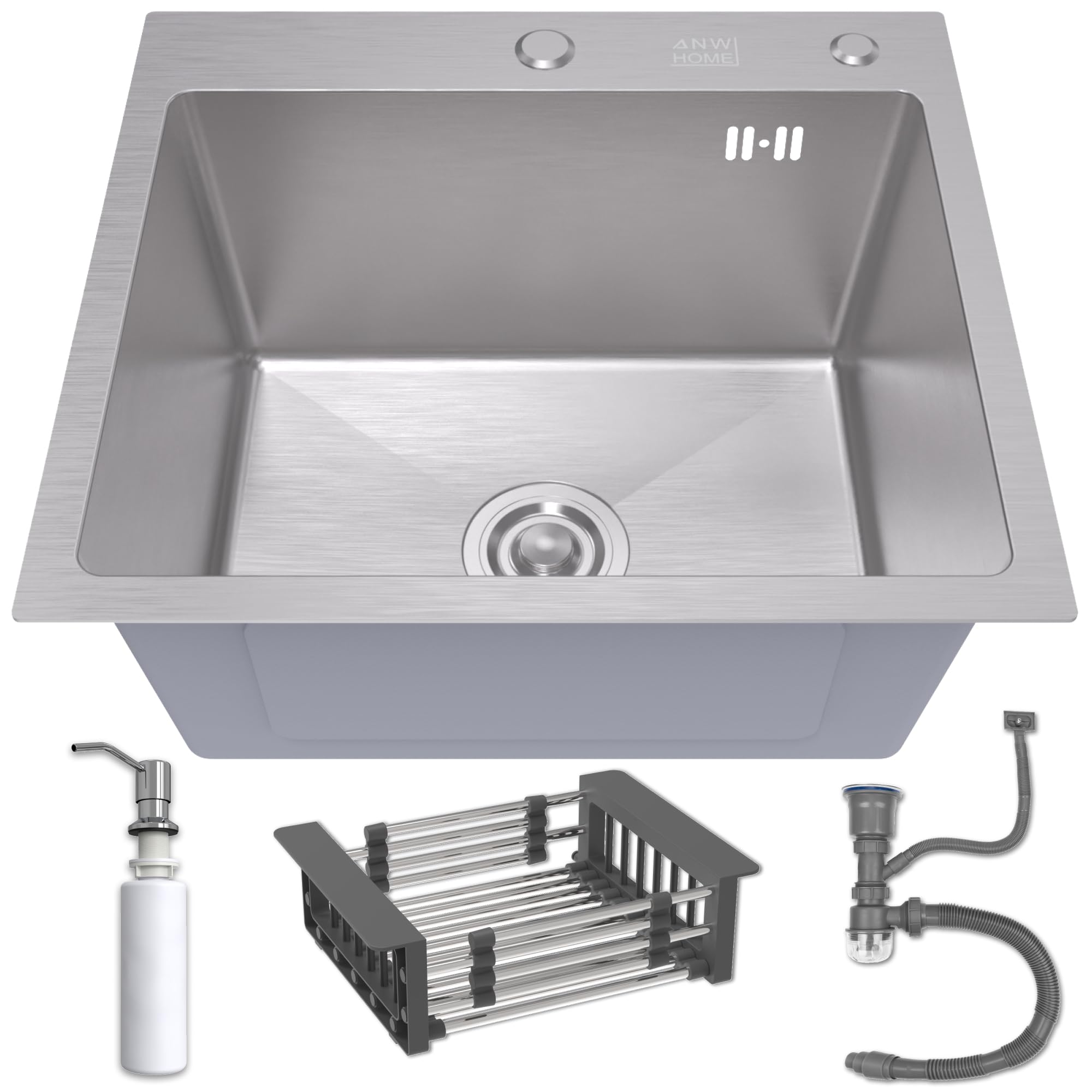 ANW HOME Lavello Cucina 1 Vasca, Lavandino Cucina da Incasso in Acciaio Inox 50x45 cm, Profondità 22 cm, Spessore 3.0+1 mm, Superficie Nano-Coating, con Sifone, Dosatore e Cestello