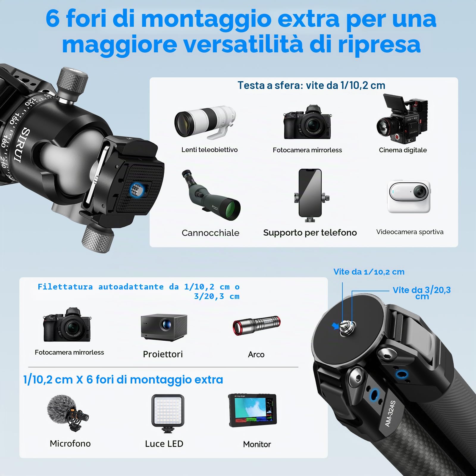 SIRUI Heavy-Duty Treppiede per Fotocamera in Fibra di Carbonio, 152CM Treppiede Professionale con 360° Testa a Sfera a Baricentro Basso, Leggero e Portatile, Carico Fino a 20KG, AM-324S+G1