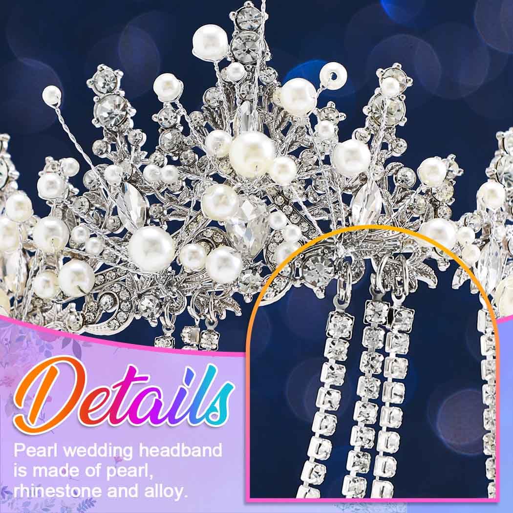 Kilshye Pearl Wedding Tiara Silver Rhinestone Bridal Crown Prom Hair Accessories for Women - Image 4