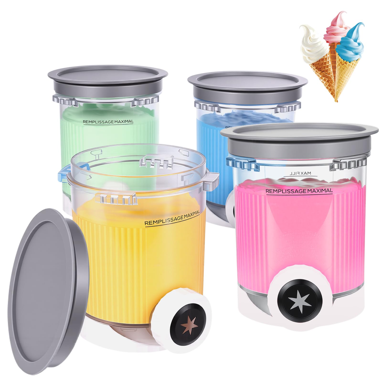 YONHESHI 4 Stück für Ninja Swirl Creami Behälter 480 ml Eisbehälter - Kompatibel mit Ninja Creami NC701 & NC700 Serie Eismaschinen - BPA-frei & Spülmaschinenfest（Grau）