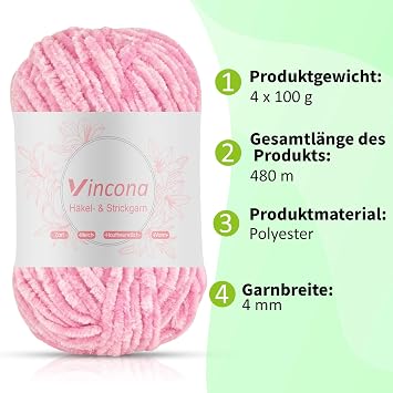Vincona Chenille Yarn 4 x 100g Super Soft Chunky Yarn for Knitting and Crochet Yarn Clothes, Handbag, Shoes Hats Sweaters Blankets Scarves,DIY- Ideal for Beginners Adults White