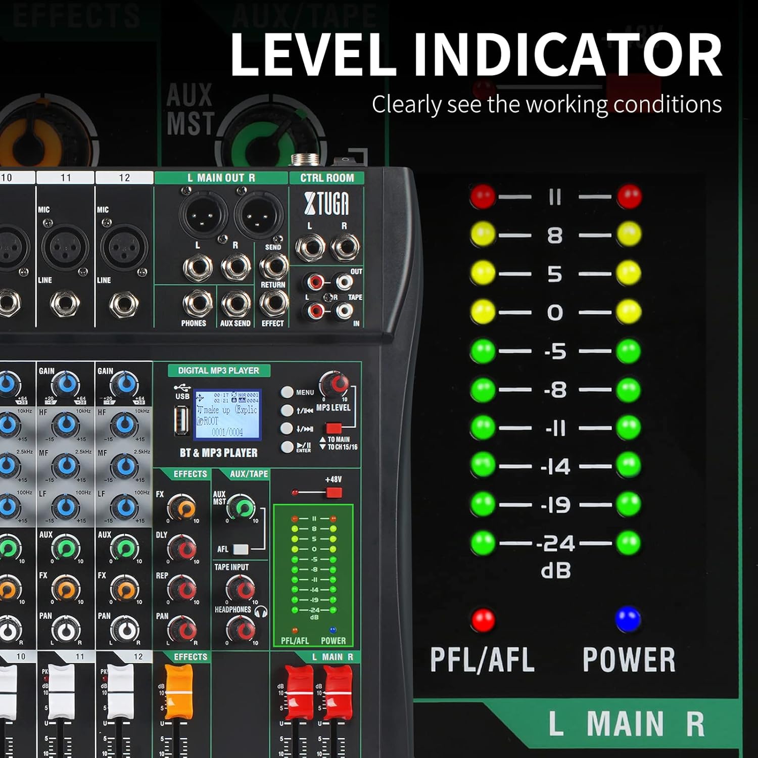 XTUGA CT120 mixer showing LED level indicators