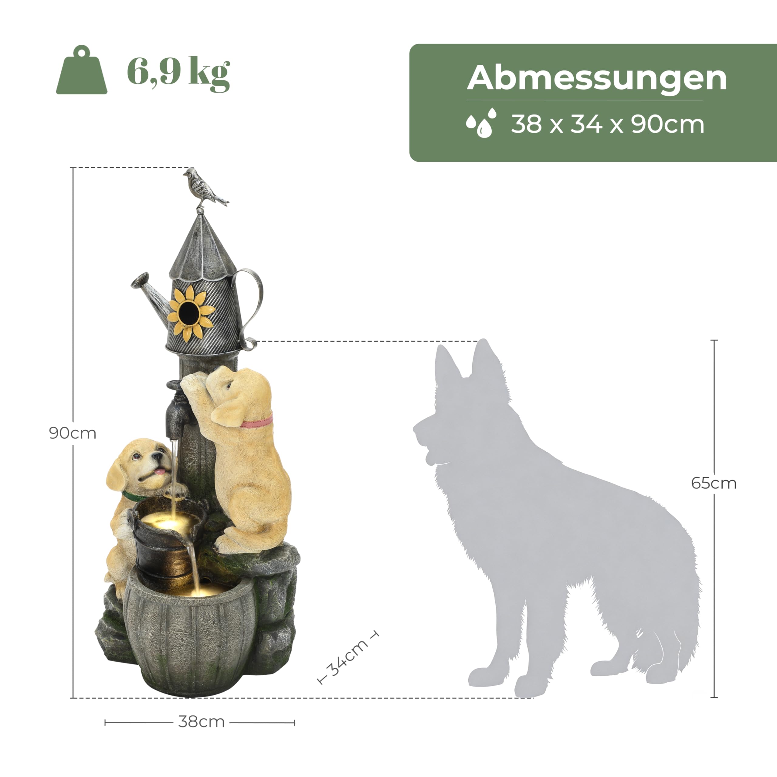 90cm Polyresin-Gartenbrunnen mit LED Light Zwei Hündchen und Vogelhäuschen Innen- und Außenbrunnen springbrunnen für Garten, Balkon, Terrasse, Eingang 90x38x34 cm