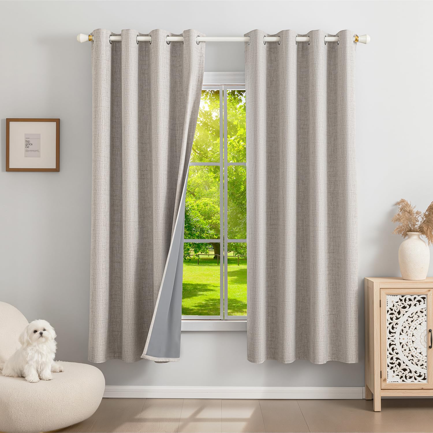 Runyéla 100% Blackout Linen Curtains Eyelet 52 x 63 Inch Drop for Living Room Bedroom Kitchen Thermal Curtain 2 Panels Greyish White