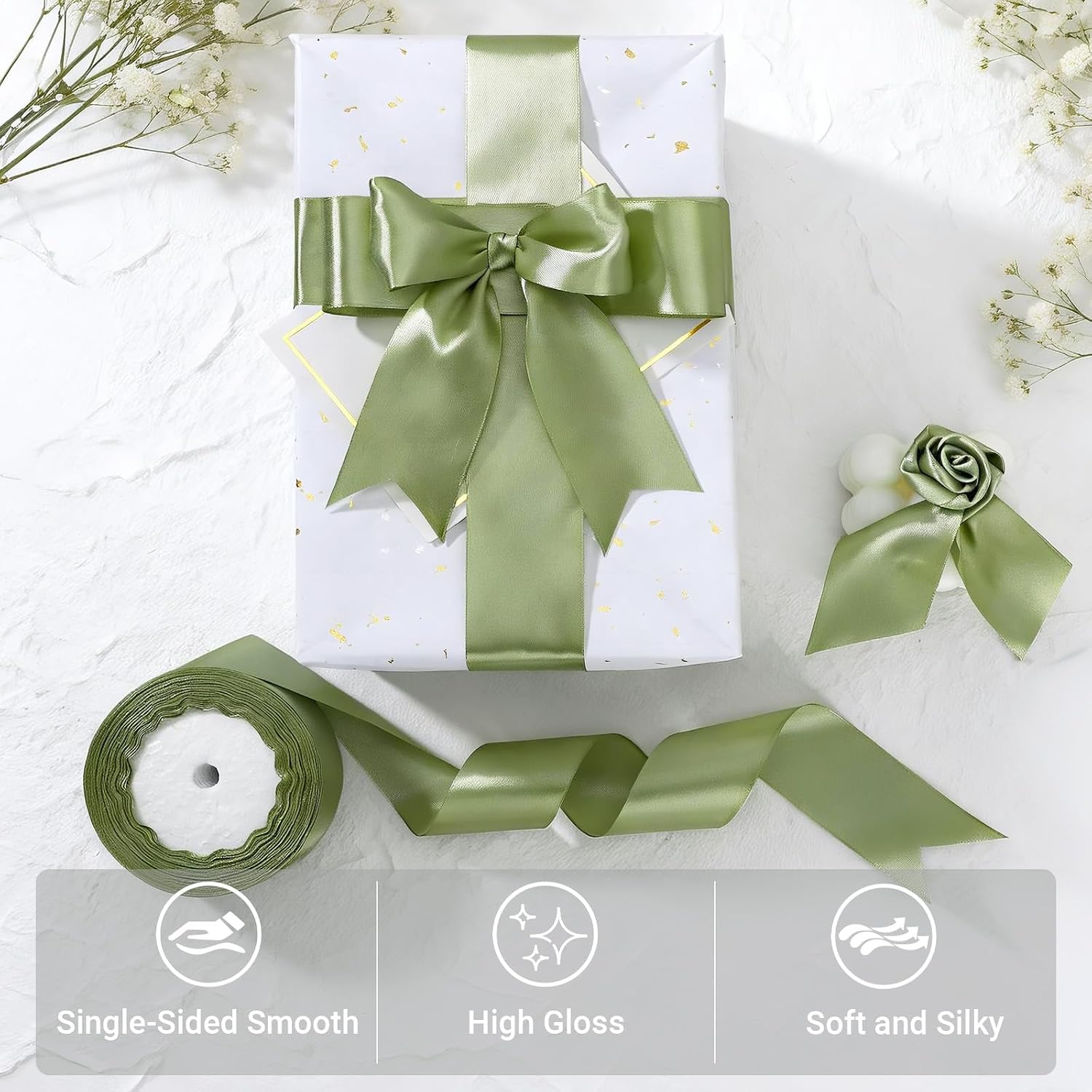 EUSOAR Sage Green Ribbon, 1 Roll 1 1/2 inch x 25 yd Fabric Satin Ribbon, Wedding Silk Ribbons for Crafts Gift Wrapping Flower Bouquet Handmade Invitations Party Home Decor Bridal Shower Bows DIY