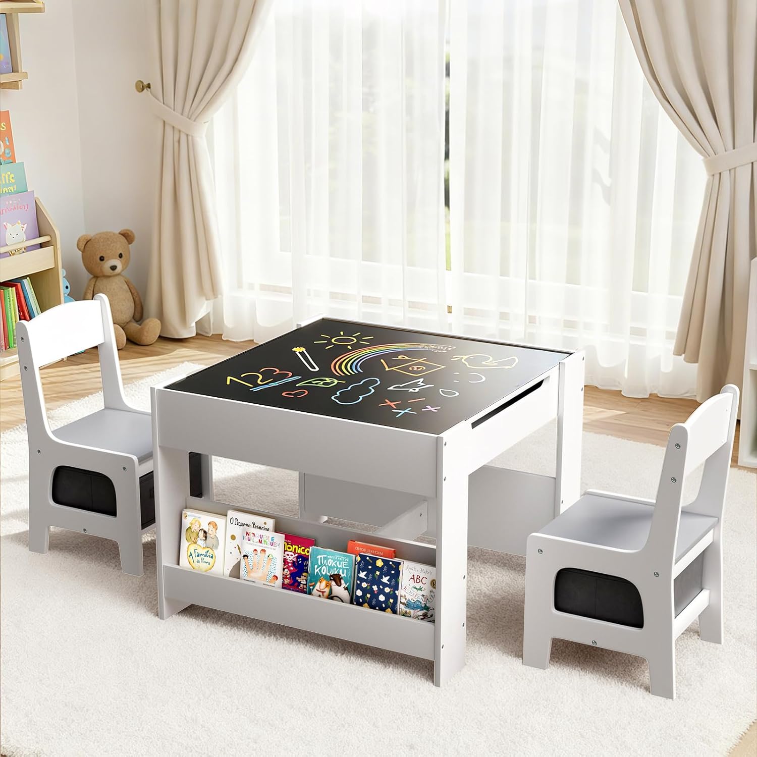 Arlopu Kids Table and Chairs Set, 4 in 1 Toddler Art Desk with Storage Drawer, Wooden Activity Deskboard, Blackboard, Reversible & Detachable Tabletop, Bookshelf for Drawing, Reading (Grey & White)
