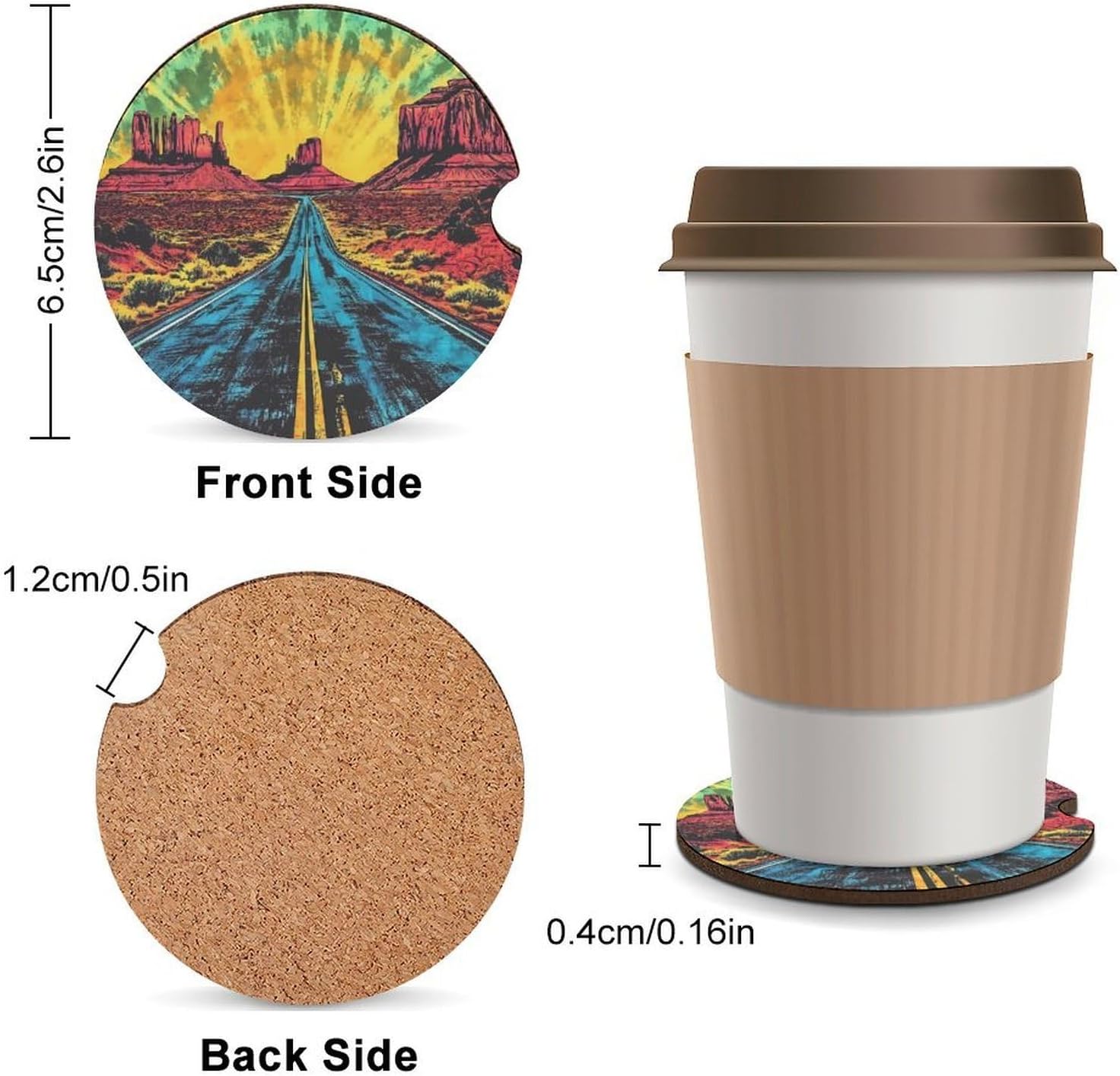 Retro Tiedye Road Desert Cute Car Coasters 2.56 Inch Absorbent Cup Holder for Drinks Auto Interior Accessories